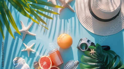 Summer vacation things neatly organised Travel concept Flat lay : Generative AI photo