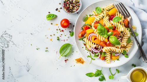 Plate and bowl with tasty pasta salad and ingredients on light background : Generative AI photo