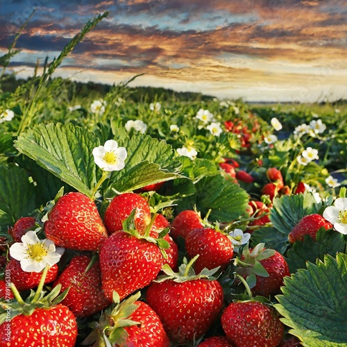 Reife Erdbeeren auf Erdbeerfeld - Blüten blühen am Feld - Erdbeerblüten - reif und saftig - Rot