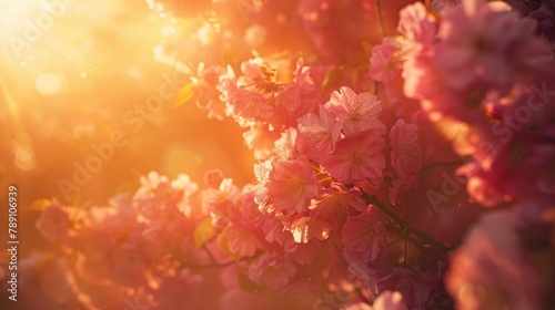 Ethereal Glow of Cherry Blossoms in Vibrant Sunlight  A Close-Up Shot of Spring s Radiant Inflorescence