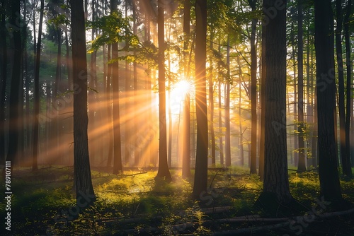   A serene forest scene at dawn  with the sun breaking through the treetops  illuminating the forest floor