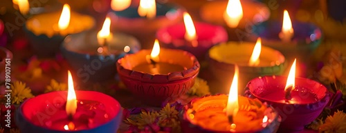 Colorful clay diya lamps lit during diwali celebration, selective focus 4K Video