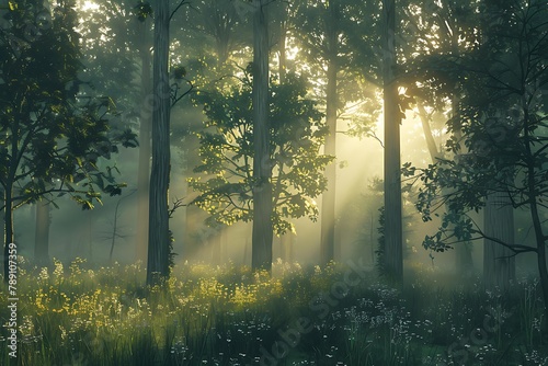 : A serene forest scene at dawn, with the sun breaking through the treetops, illuminating the forest floor