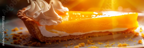 slice of lemon meringue pie, showcasing its tangy filling and fluffy meringue topping in macro detail. Generative AI photo