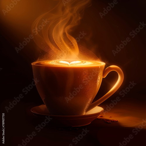 steaming cup of coffee, showcasing the rich aroma and frothy texture of the beverage. Generative AI