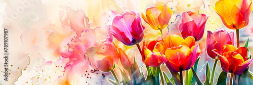 Vibrant watercolor background featuring a bouquet of tulips, perfect for celebrating the arrival of spring. Generative AI © Лилия Захарчук