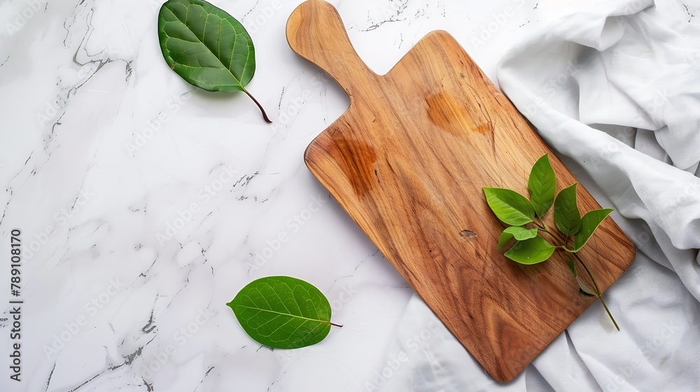 Wood cutting board on linen napkin with leaves on marble background top view : Generative AI Wood cutting board on linen napkin with leaves on marble background top view : Generative AI