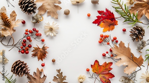 Autumn floral background oak leaves cones flowers berries arranged in frame on white background copy space   Generative AI