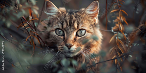 A cat is looking at the camera in a forest