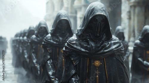 In a world where ancient tradition meets futuristic technology, medieval cyber monks embark on a quest for enlightenment amidst the digital age Closeup of the monks reveals the melding of spirituality