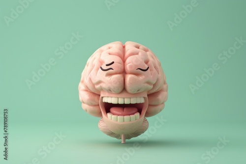 Ecstatic brain character with closed eyes and wide smile, bouncing on a mint background, showing joy