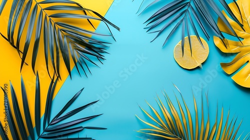 Creative layout made of colorful tropical leaves on yellow and blue background Minimal summer exotic concept with copy space Border arrangement : Generative AI
