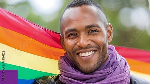 Smiling Young Adult Holding a Large Rainbow Pride Flag