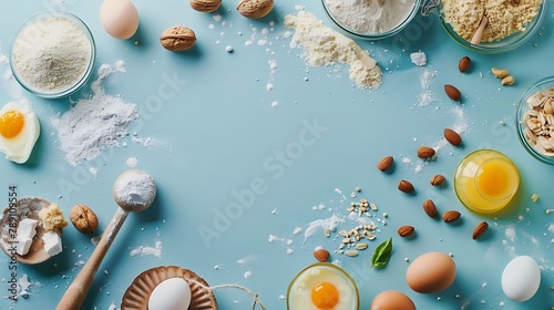 Bakery background frame Fresh cooking ingredients egg flour sugar butter nuts over blue background Spring cooking theme Top view copy space : Generative AI