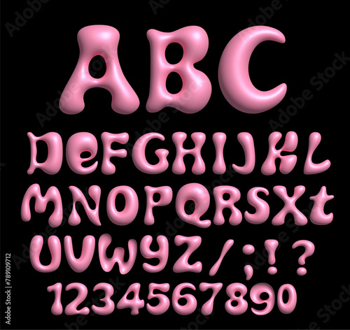A complete set of Pink Bubble Balloon font in Y2K style. Barbiecore, Bubbly glossy 3D vector letters, numbers, and punctuation marks isolated on a black background.