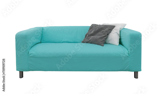 Aquamarine fabric sofa photo. Interior cozy sofa with pillows isolated on a white background.