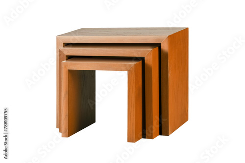 Wooden table and chairs that fold compactly, one on top of the other. Furniture on a white background. Functional, modular minimalistic furniture.
