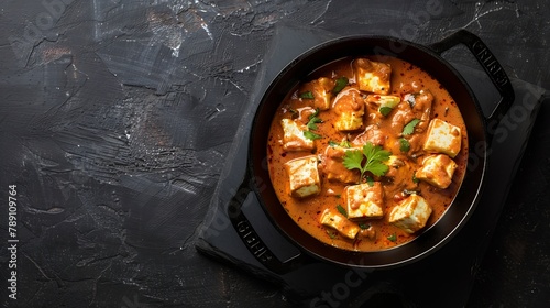 Paneer butter masala Indian style cottage cheese curry in cast iron pan on black stone background Top view flat lay : Generative AI photo