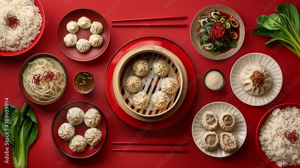 Chinese dinner table with steamed pork baozi dumplings pak choi and rice isolated on a red background Top view with Chinese Xiao Long Bao buns : Generative AI