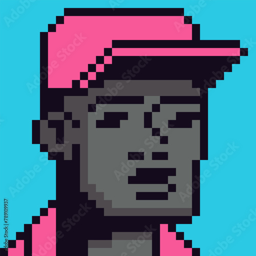 Avatar pixel 8-bit boy with cap, male character, guy cartoon vector icon, game user or web profile person, people, social net portrait, young man face, minimalistic fashion, vector illustration.