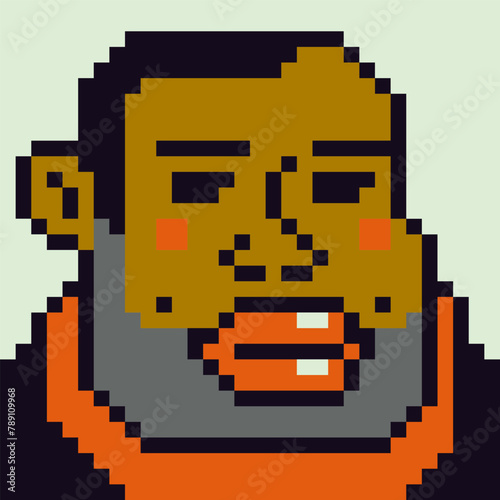Funny man with big lips avatar pixel art freak character, cartoon, game user or web profile person, people, social net portrait, strange guy face, minimalistic vector illustration.