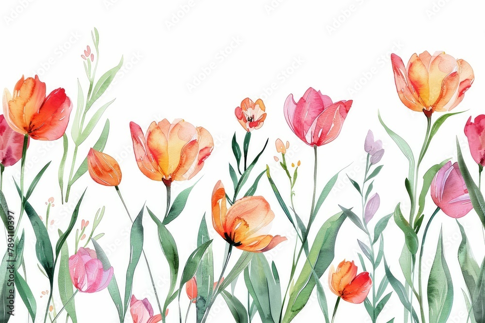 Watercolor tulip clipart in different shades of pink, red, and orange. flowers frame,botanical border, Wildflowers, Spring and Summer Floral, Leaves, Branches. Botanical Plant Illustration. Watercolor tulip clipart in different shades of pink, red, and orange. flowers frame,botanical border, Wildflowers, Spring and Summer Floral, Leaves, Branches. Botanical Plant Illustration.
