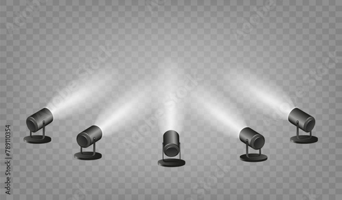 Spotlight lighting. Light source studio lighting walls spotlight. Light beams light effect. Vector