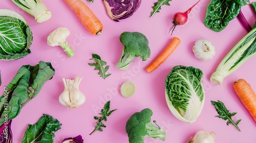 Winter vegetables Collard greens Swiss chard carrot parsnip radish broccoli Brussels sprout kohlrabi red cabbage fennel garlic and kale on pastel pink background Flat lay raw food patt : Generative AI photo