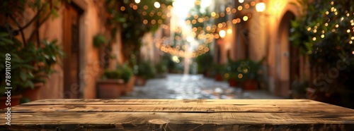 Wooden table and blurry background of a small cobble street with festive lights green plants  old town with festive light plants and flowers and an empty table for displaying products  AI generated