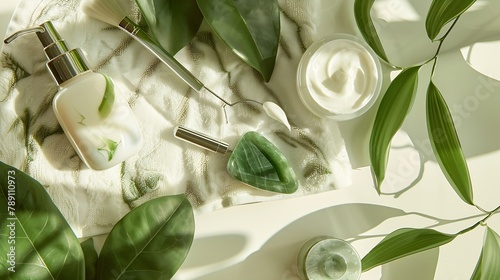 Flat lay of skincare products featuring jade roller gua sha and moisturizing cream on a soft towel with green foliage : Generative AI photo