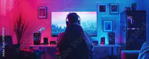 A back view of the man playing game on the tv or computer in the night. Gamer with controller play  video game on computer in work space. photo