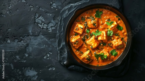 Paneer butter masala Indian style cottage cheese curry in cast iron pan on black stone background Top view flat lay : Generative AI