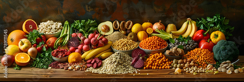 Variety of Prebiotic Foods Arranged on a Rustic Wooden Table photo