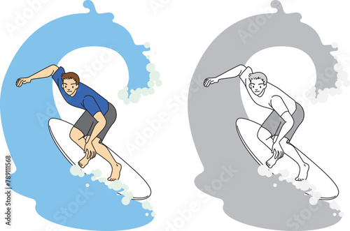 サーフィンを楽しむ男性のイラストセット／Illustration set of men enjoying surfing