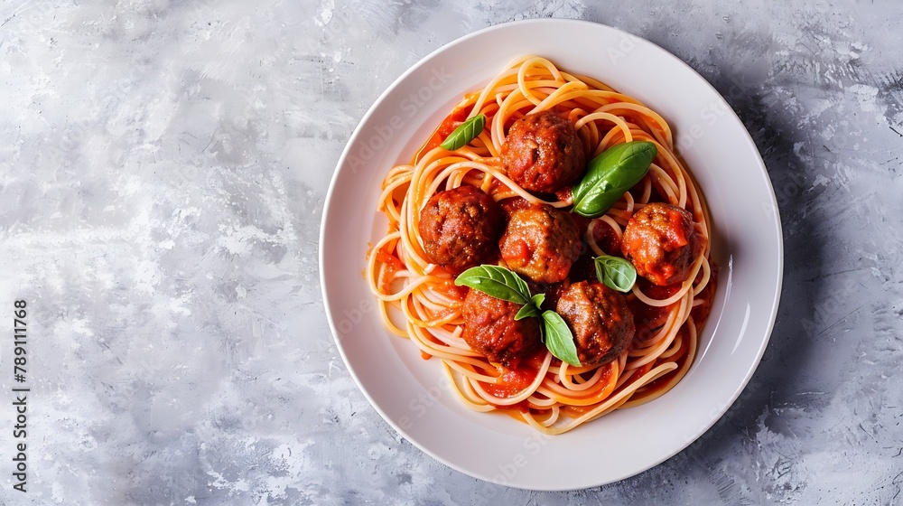 Pasta spaghetti with meat ball in tomato sauce on a plate over light grey slate stone or concrete background Top view with copy space : Generative AI Pasta spaghetti with meat ball in tomato sauce on a plate over light grey slate stone or concrete background Top view with copy space : Generative AI