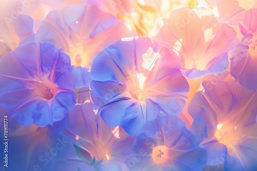 Morning Glories Glowing in Vibrant Sunlight A CloseUp Shot of Ethereal Blooms Embracing the Dawn