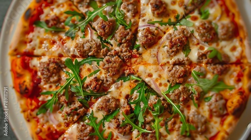Overhead view of fresh sliced pizza with sausage mozzarella cheese arugula and paprika : Generative AI