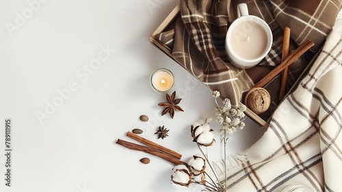 Autumn flat lay composition Brown plaid and wooden box with candle decorations cotton cinnamon sticks coffee cup on white background Hygge cozy home comfort concept : Generative AI