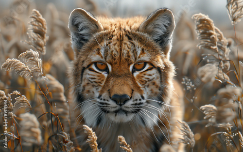 Close-up of a cat in tall grass field. Generative AI