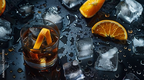 Cocktail on black table with ice cubes in background orange garnish flat lay cocktail concept : Generative AI