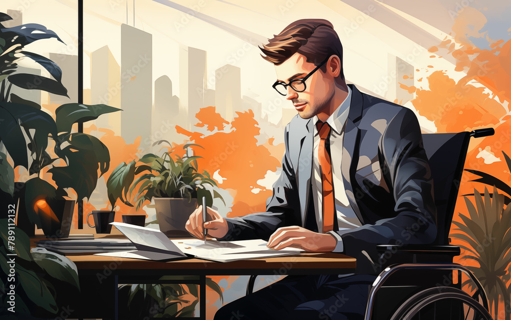 Businessman in suit and tie working at desk with coffee. Generative AI
