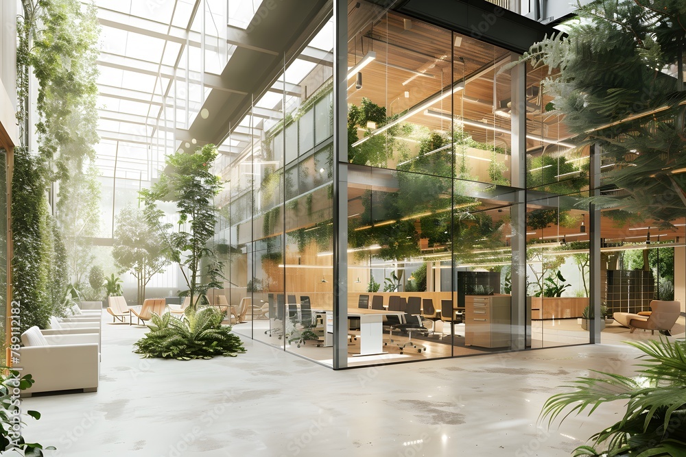 A modern office space with transparent glass walls, providing a bright and airy environment. The interior is stylishly furnished with contemporary office furniture and offers a view of the urban lands A modern office space with transparent glass walls, providing a bright and airy environment. The interior is stylishly furnished with contemporary office furniture and offers a view of the urban lands