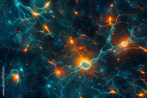 : A network of glowing neural pathways within a quantum computer, pulsing with vibrant blues and oranges.