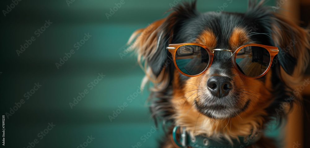 Naklejka premium Dog wearing sunglasses looking at camera. Generative AI