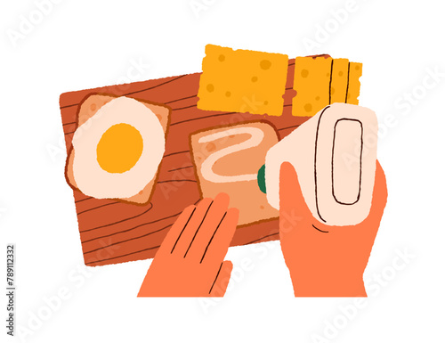 Morning food, breakfast preparation, top view. Hand preparing, cooking sandwich, toast, bread slice with egg and cheese on wooden board. Flat graphic vector illustration isolated on white background