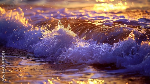 sea wave close up at sunset in the rain low angle view : Generative AI photo