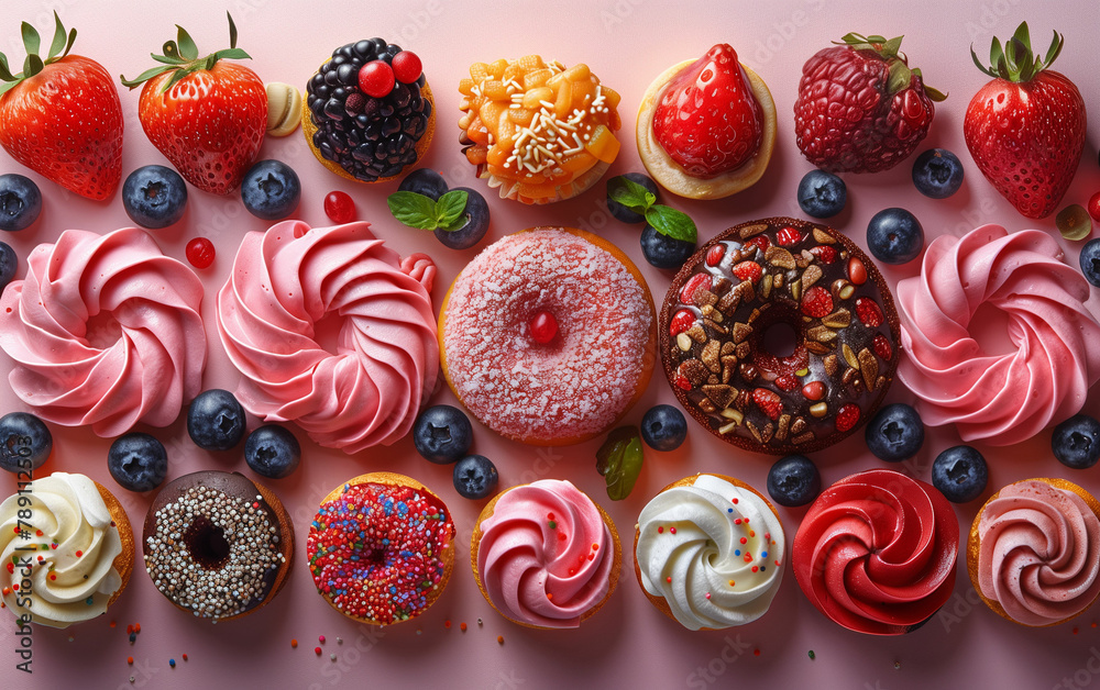 Assorted doughnuts arranged on pink surface. Generative AI Assorted doughnuts arranged on pink surface. Generative AI