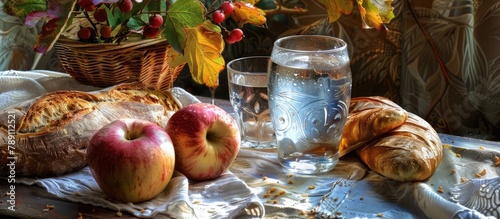 German: Fastenzeit, Tafel mit Text, Wasser, Brot und Apfel