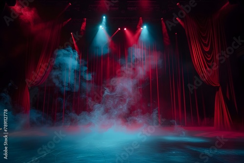 A dramatic theater stage light background, featuring a powerful spotlight illuminating the darkness, creating an atmospheric setting for performances and presentations. photo