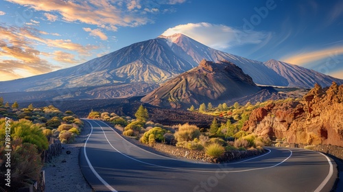 A mountain range is in the background of a road with a curve. The road is empty and the sky is blue photo